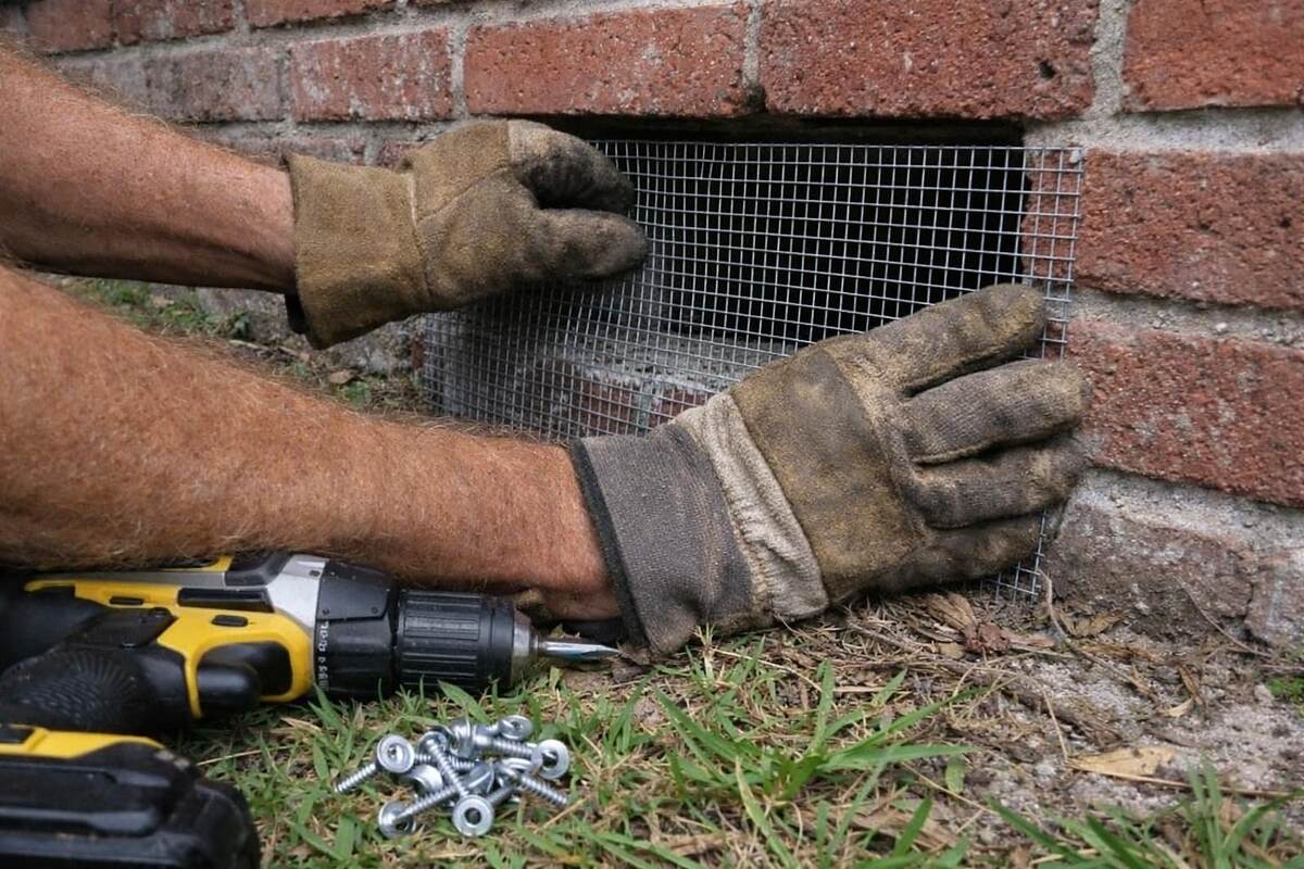 Gloved hands fitting galvanized hardware cloth over a crawl-space vent opening in a brick foundation